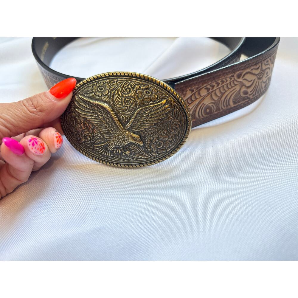 Western Eagle Floral Embossed Leather Belt Bronze Buckle XL Boho